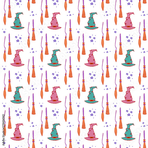Witch broom and witchy hat vector seamless pattern. Witchy background for halloween design. Magic and witchcraft concept. EPS 8.