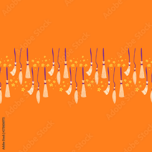 Witch broom vector seamless pattern. Witchy horizontal border for halloween design. Magic and witchcraft concept. EPS 8.