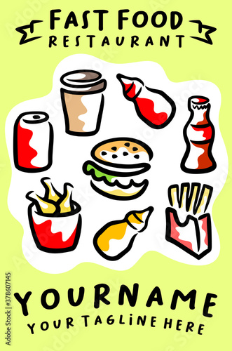 Fast food restaurant and food, poster and illustration. Food truck, street food, catering and restaurant, vector design