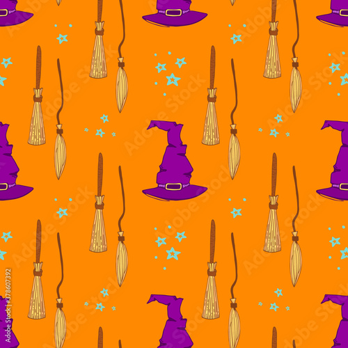 Halloween Witchy Broom Seamless Pattern-04