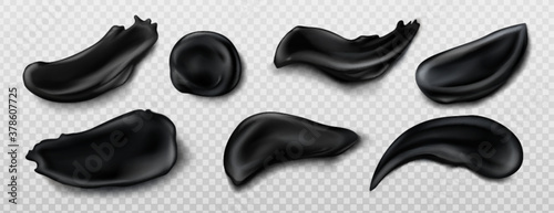 Black charcoal cream swatches isolated on transparent background. Vector realistic smears set of skincare cosmetics, bamboo toothpaste. Smudges of beauty product for face or body care