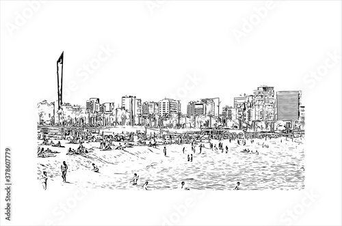 Building view with landmark of Barcelona is a city on the coast of northeastern Spain. Hand drawn sketch illustration in vector.