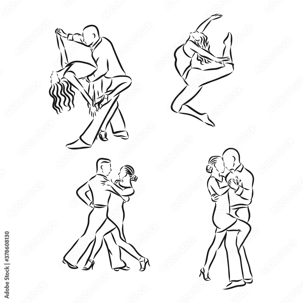 Vector illustration of ballroom dancing couples, dancing, vector sketch illustration