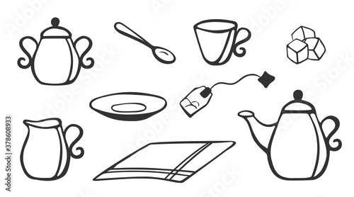 Foto Tea set in hand-drawning style on white background
