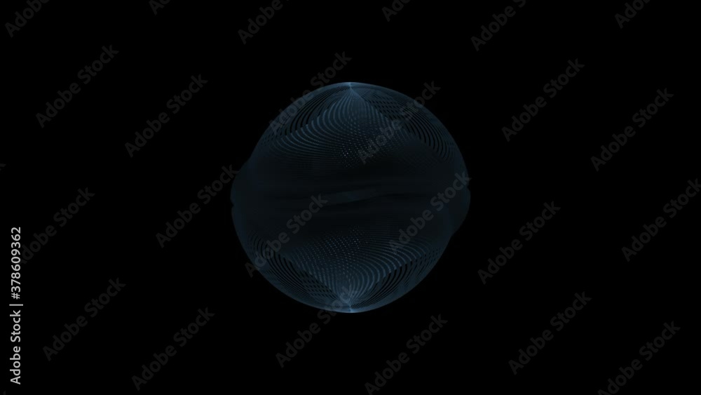 Animation of blue wire framed holographic sphere with various rotations and transformations in space trough time.