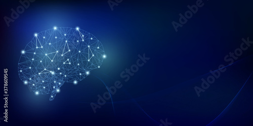 Brain from polygon mesh, with light points. Line network on blue and black gradient background. Health or technology concept.