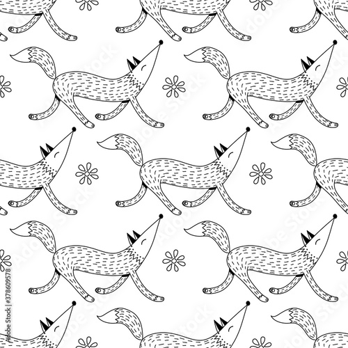 Wallpaper Mural Black and white seamless vector pattern in doodle style of funny happy fox and flower Torontodigital.ca