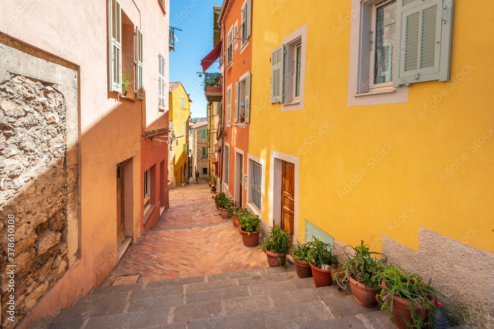French Riviera. View of the Narrow Streets of the Old Town in Villefranche, France.