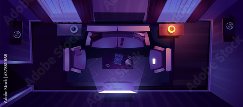 Living room interior at night top view. Vector cartoon illustration of lounge with sofa, chairs and glowing tv screen. Coffee table and couch in dark living room with carpet and curtains on windows
