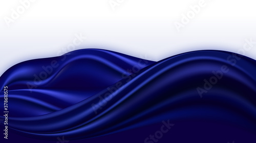 Blue silk wavy swirl background. Smooth satin texture, deep blue color flow wave. Border for poster or banner. Vector illustration