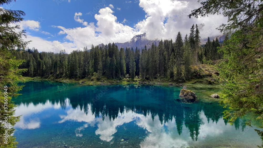 lago carezza o karersee in south tyrol, dolomites, italy