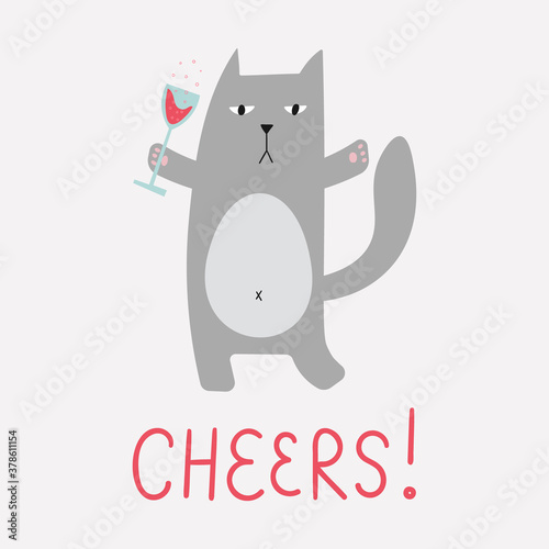 Fat naughty car drinks wine. Cute funny character with glass of sparkling wine. Hand drawn typography. Flat style cranky cat greeting card.