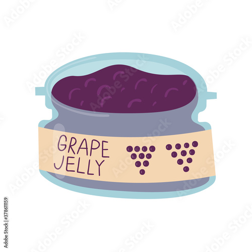 Grape jelly in glass jar with label. Sweet jam package isolated on white background. Flat hand drawn vector illustration of food.