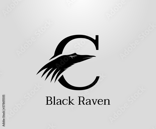 Letter C crow logo designs, black raven in letter C vector illustration design