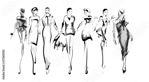 Beautiful young women in modern style.. Hand drawn stylish woman portrait. Fashion lady. Festive outfit. Sketch. Fashion model posing in dress. Hand drawn fashion woman.