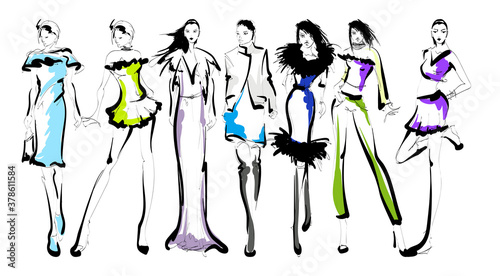 Beautiful young women in modern style.. Hand drawn stylish woman portrait. Fashion lady. Festive outfit. Sketch. Fashion model posing in dress. Hand drawn fashion woman.