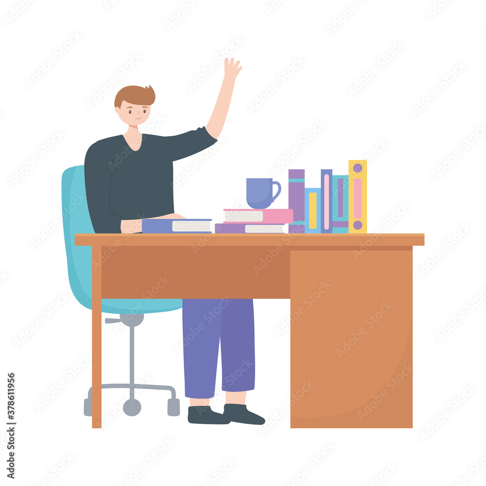 man working at desk with books and coffee cup isolated design white background man working at desk with books and coffee cup isolated design white background