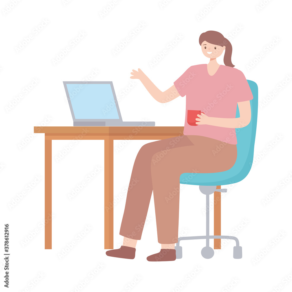 employee woman interior office desk chair and coffee cup employee woman interior office desk chair and coffee cup