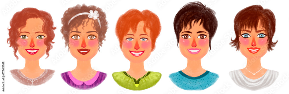 illustration set of female cartoon portraits. Happy women with different hairstyles and different looks. illustration set of female cartoon portraits. Happy women with different hairstyles and different looks.