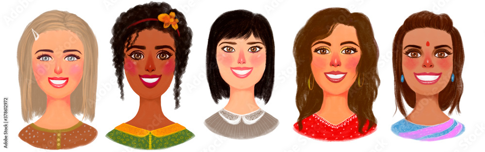 illustration set of female cartoon portraits. Happy women of different races and nationalities.