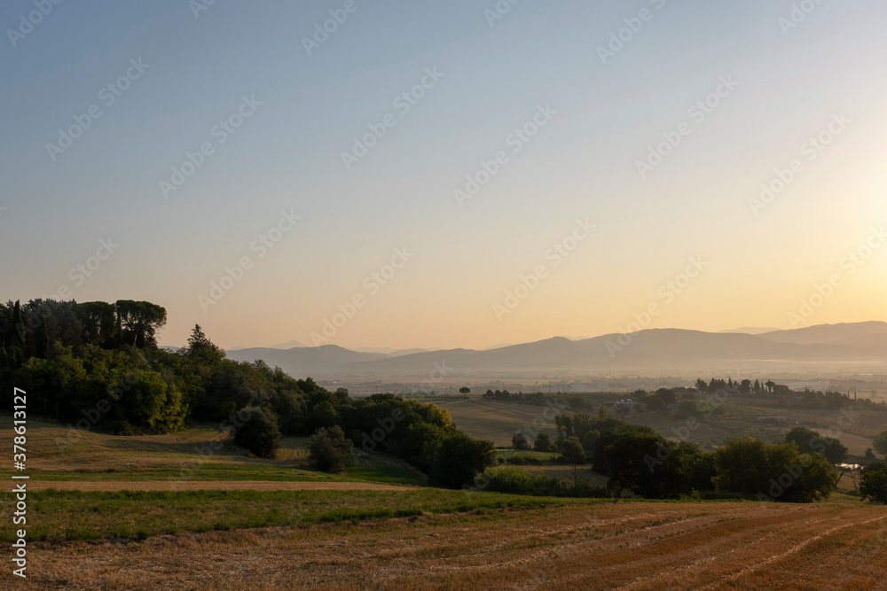 Tuscany, rural landscape in Crete Senesi land. Rolling hills, countryside farm, cypresses trees, green field on warm sunset. Siena, Italy