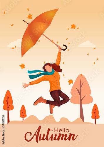 cute jump with umbrella . Hello Autumn Vector illustration with beautiful nature background.