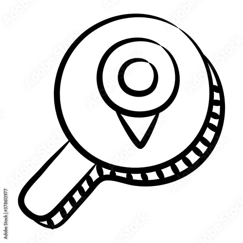 
Location pin under magnifier, hand drawn vector of location search 
