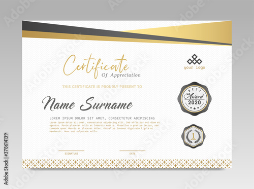 Modern Design Certificate. Black and Gold Certificate template awards diploma background vector modern design simple elegant and luxurious elegant. layout horizontal in A4 size