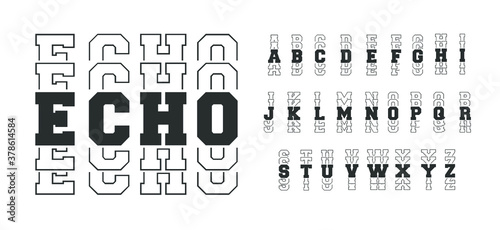 Varsity echo font, college alphabet, sport font, letters and numbers. Sports mirror font for t-shirts. College alphabet, great design for tshirt, banner, invitation. 