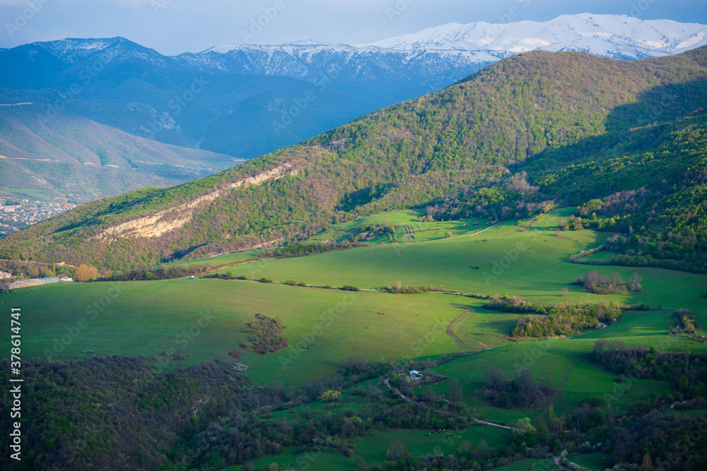 Spring landscape with snowy mountains, Tavush, Armenia