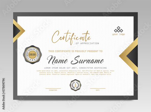 Modern Design Certificate. Black and Gold Certificate template awards diploma background vector modern design simple elegant and luxurious elegant. layout horizontal in A4 size
