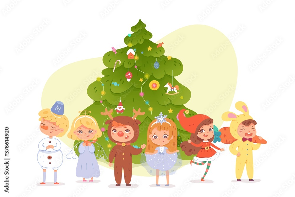 Kids in costumes at Christmas party. Cute happy children wearing xmas suits vector illustration. Girls and boys dressed as snowman, reindeer, snowflake, rabbit, angel, santa. Tree in background