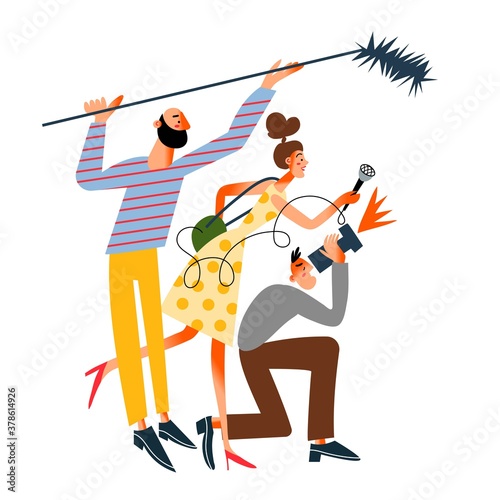 Tv journalists and paprazzi taking interview. News reporters with microphone and camera recording speech. Journalism and public speaking vector illustration. Press reportage