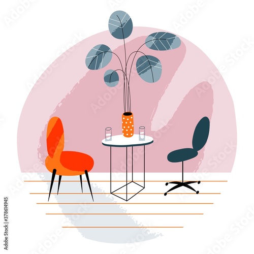 House interior deasign background. Empty room with two chairs, table with glasses of water and plant in pot. Comfortable minimal apartment or office style vector illustration
