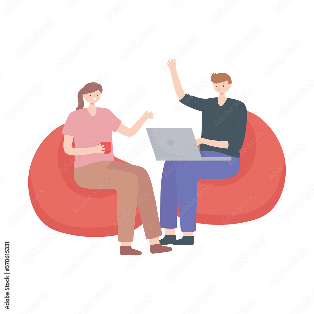 man and woman sitting with laptop isolated design white background