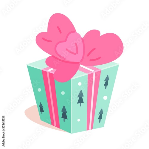 Green gift box with presents for Christmas. Surprise present with pink ribbon vector illustration. Beautiful 3d simple decoration. Holiday package, happy celebration concept