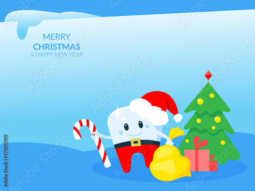 Template of a Christmas card with a tooth in a new year's hat. Editable vector illustration in bright vibrant colors.