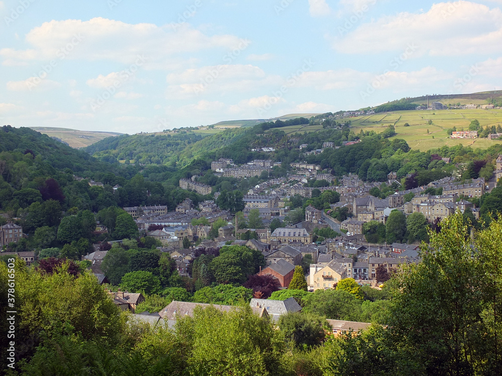 Fototapeta premium aerial view of the town of hebden bridge in west yorkshire in summer