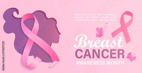 Breast cancer awareness month, card, flyer, banner with woman silhouette in papercut style.Poster for world preventive health care iniative.Paper cut face with ribbon.Template for design.Vector.