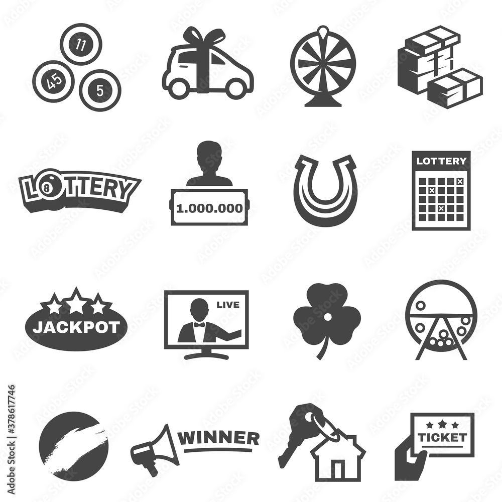 Lottery draw, balls, drum, raffle ticket bold black silhouette icons ...