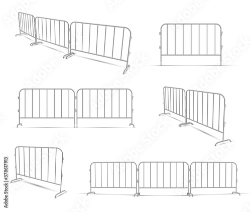 Barriers work zone, pedestrian, construction realistic set. Metal lattice fence.