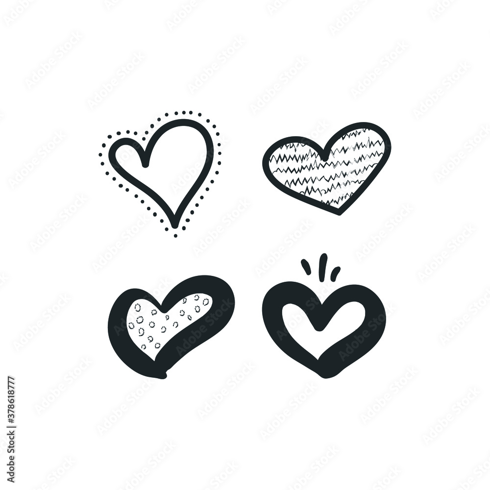 Doodle hearts, hand drawn love heart collection. Symbol of love.
