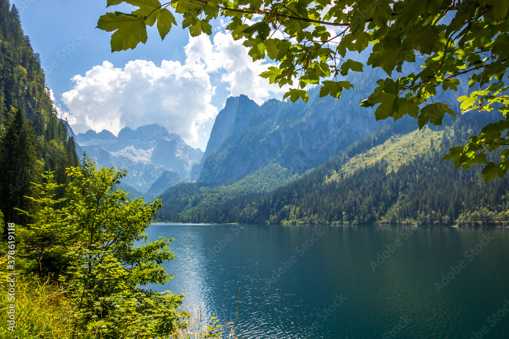 sunny day at the Vorderer Gosausee lake in the Austrian Alps