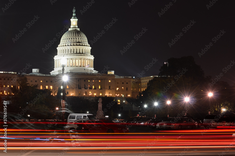 Capitol building at night with car stop lights trails - Washington D.C. United States of America