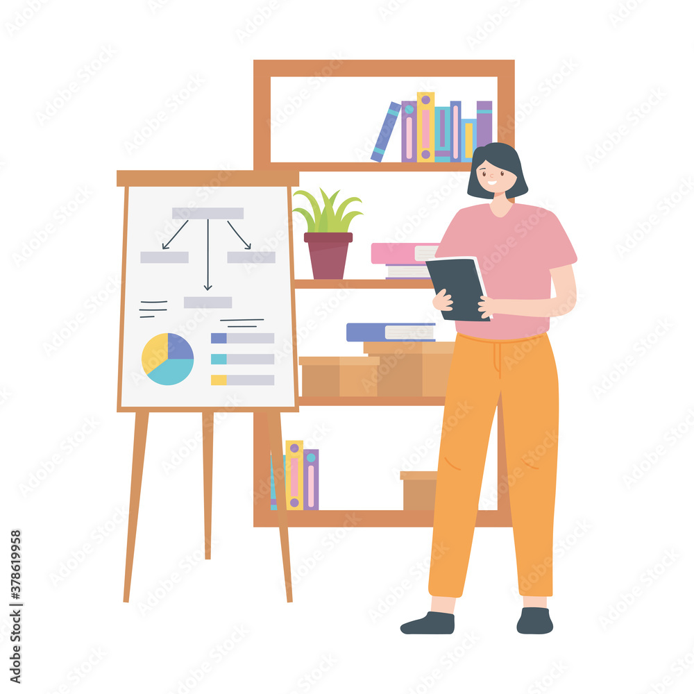 woman business board and bookshelf white background