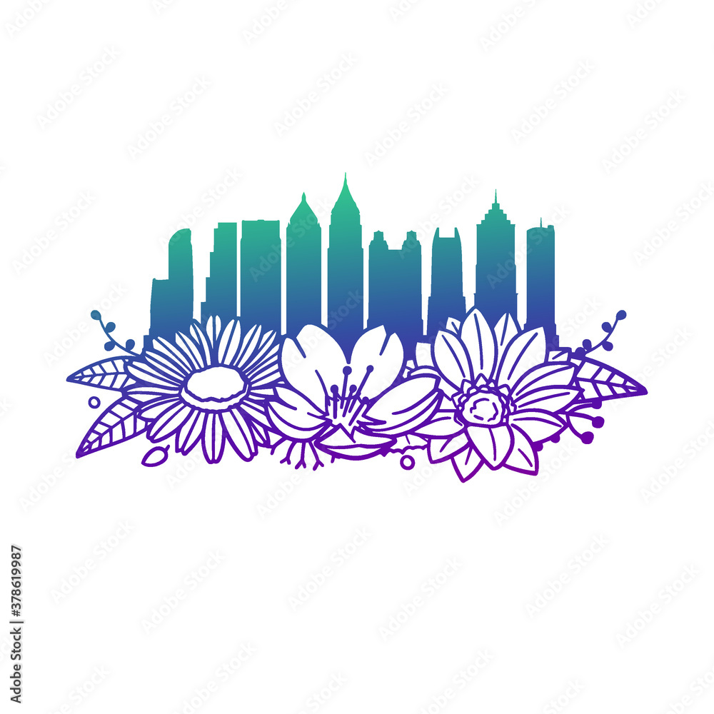 Atlanta, GA, USA, Flowers with Vintage Skyline Design. Floral frame ornament vector style. Decoration Design Silhouette illustration.