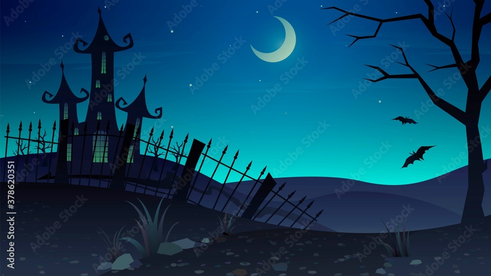 Vector spooky illustration with castle on moonlit night, halloween background