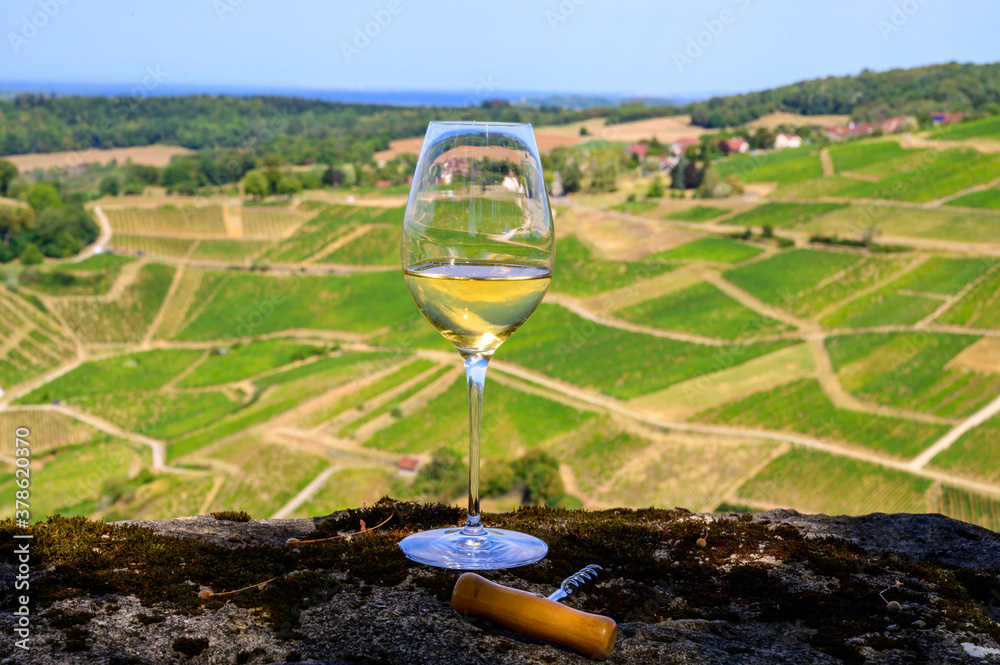Tasting of white or jaune Jura wine on vineyards near Chateau-Chalon village in Jura region, France Tasting of white or jaune Jura wine on vineyards near Chateau-Chalon village in Jura region, France