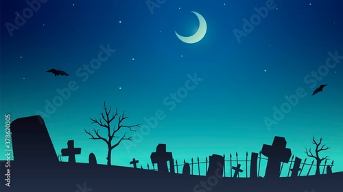 Vector creepy illustration with silhouette of a cemetery on a moonlit night, halloween background © lidiia