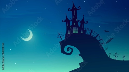 Vector spooky illustration with cemetery castle on the mountain on a moonlit night, halloween background